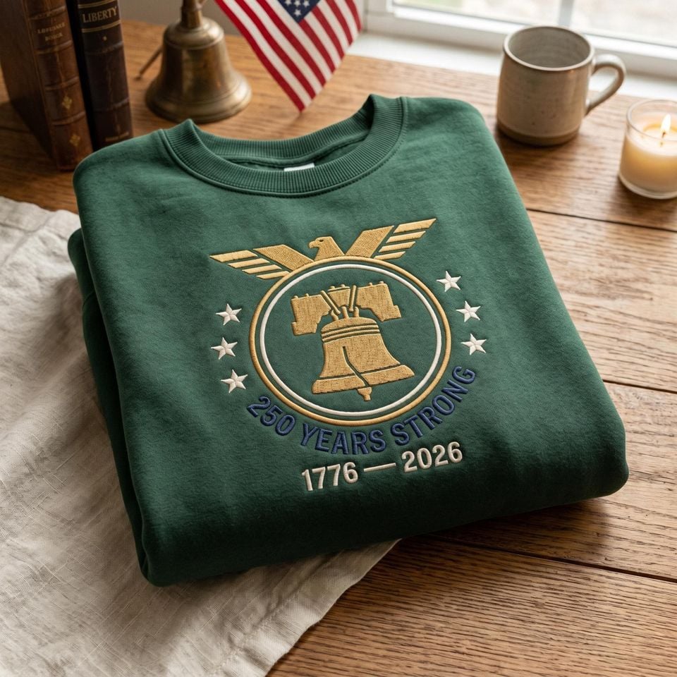America 250 Embroidered Sweatshirt Patriotic Liberty Bell Vintage USA