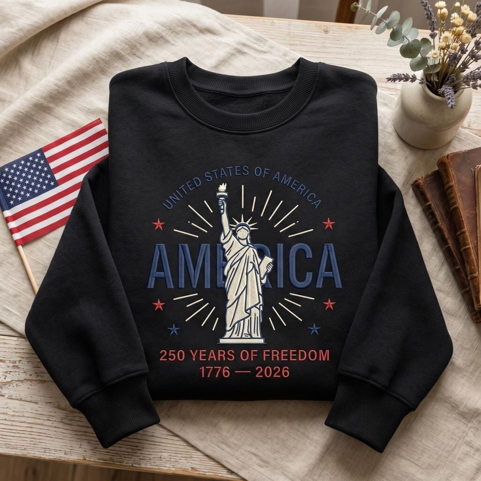 America 250 Years Sweatshirt Embroidered Patriotic USA Crewneck Sweatshirt 1776 2026