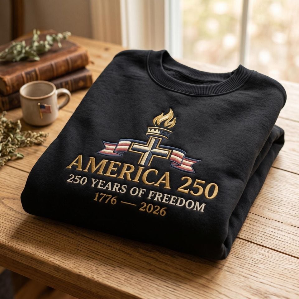 America 250 Embroidered Sweatshirt Christian Patriotic Crewneck USA 250 Years Of Freedom Faith Shirt