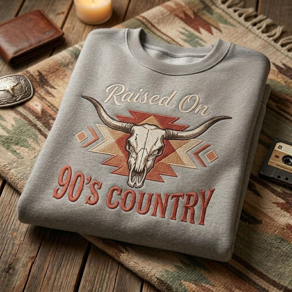 Raised On 90s Country Embroidered Sweatshirt Vintage Western Cowboy Crewneck