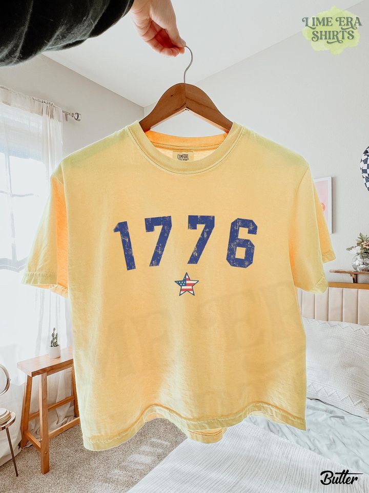 1776 Boxy Tee, Distressed Varsity Star 4th July Patriotic Shirt, America Independence Day Butter Pepper Shirt
