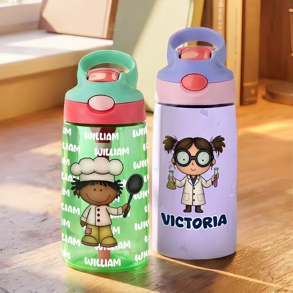 Personalised Cute Cartoon Professional Character 12 oz 16 oz Water Bottle with Name Straw and Handle Back to School Birthday Gift for Kids