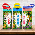 Personalised Cute Jungle Animal 12 oz Water Bottle with Name Straw and Handle Back to School Birthday Gift for Kids