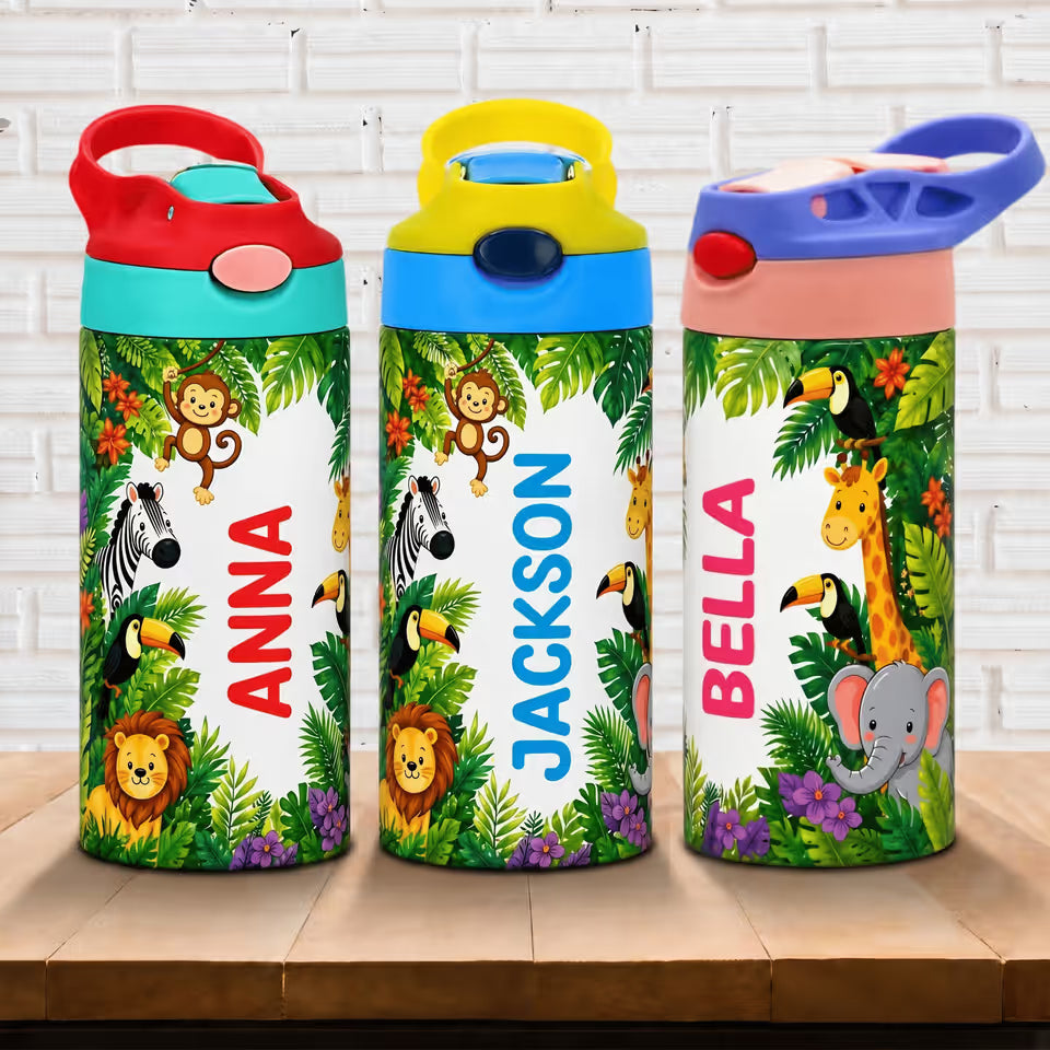 Personalised Cute Jungle Animal 12 oz Water Bottle with Name Straw and Handle Back to School Birthday Gift for Kids