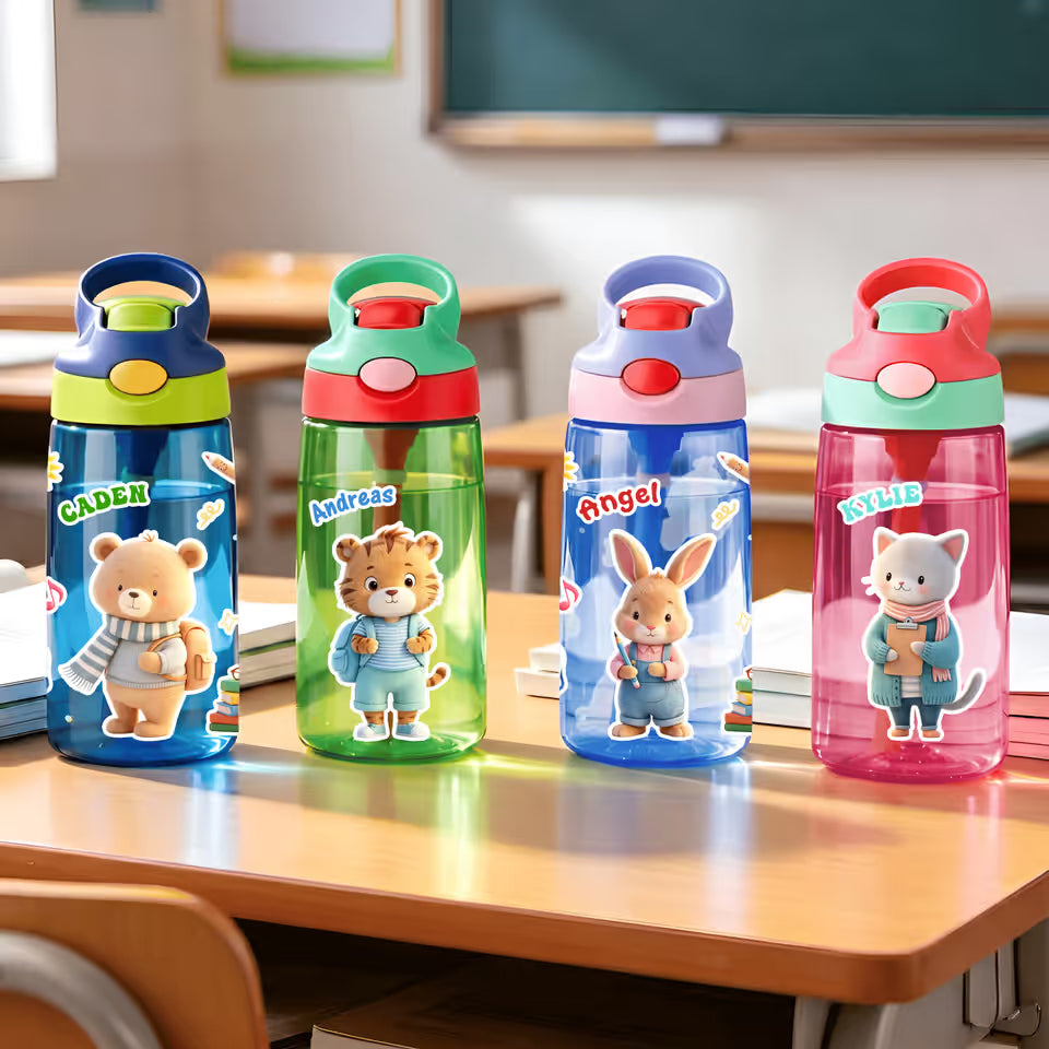 Personalised Cute Cartoon Animal 16 oz Water Bottle with Straw and Name Daily Use Birthday Back to School Gift for Kid Boy Girl
