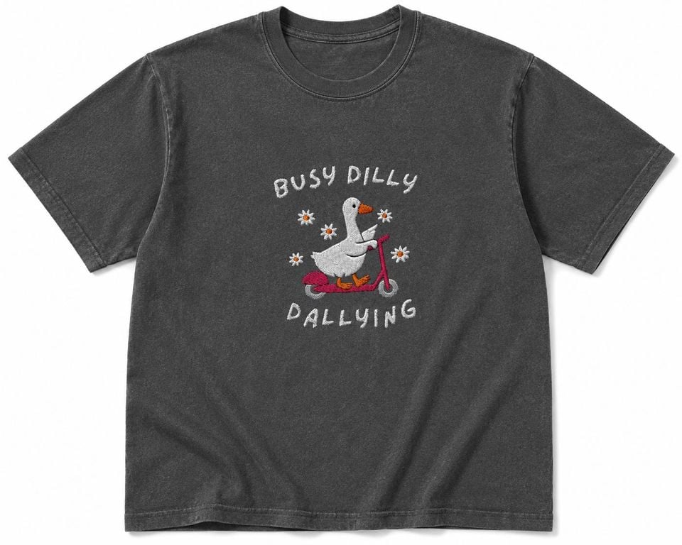 Busy Dilly Dallying Goose Embroidered Sweatshirt, Funny Goose Crewneck, Cute Bird Embroidery, Unisex Cozy Pullover Gift