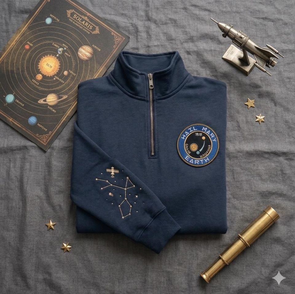 Project Hail Mary Embroidered Quarter Zip, Scientist Space Mission Pullover, Galaxy Explorer Apparel, Sci-Fi Bookish Gift