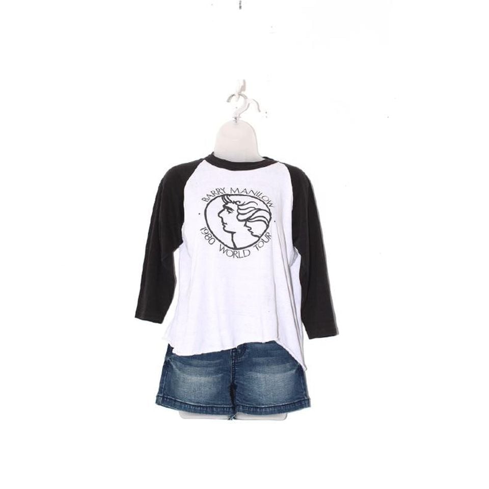 Vintage 1980 Manilows World Tour Raglan Tee  White Black Graphic Shirt  Retro Concert Band Tee