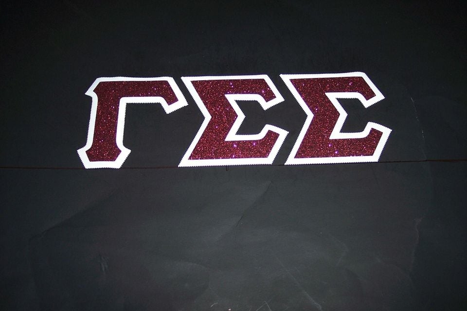 Gamma Sigma Sigma Shirt -- Maroon Glitter on White Twill