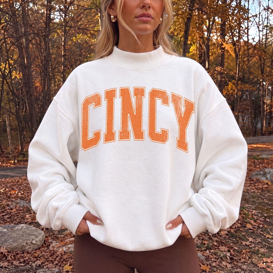 Women's CINCY Fleece Mock-Neck Crew Sweatshirt, Distressed Varsity Style Turtleneck Sweater, Personalizable Custom Sports Team City School