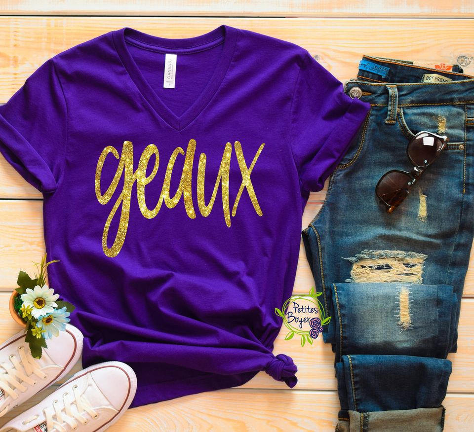 Louisiana Football Shirt GLITTER Vneck - Geaux - Tigers Game Day Shirt -  Bella + Canvas Unisex - Football, Baseball, Basketball