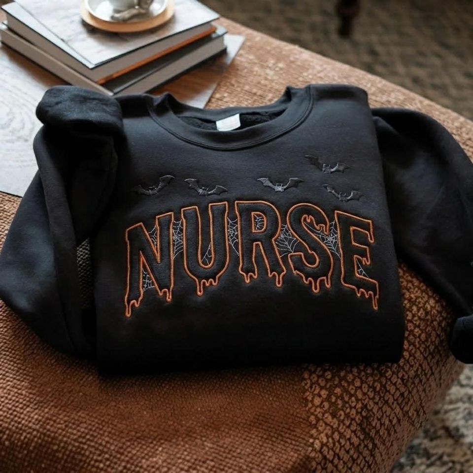 Spooky Nurse Sweatshirt, Halloween Nurse Embroidered Crewneck, Dripping Letter Sweater