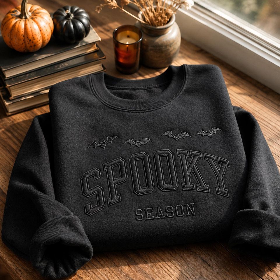 Embroidered Spooky Season Sweatshirt, Halloween Bat Crewneck