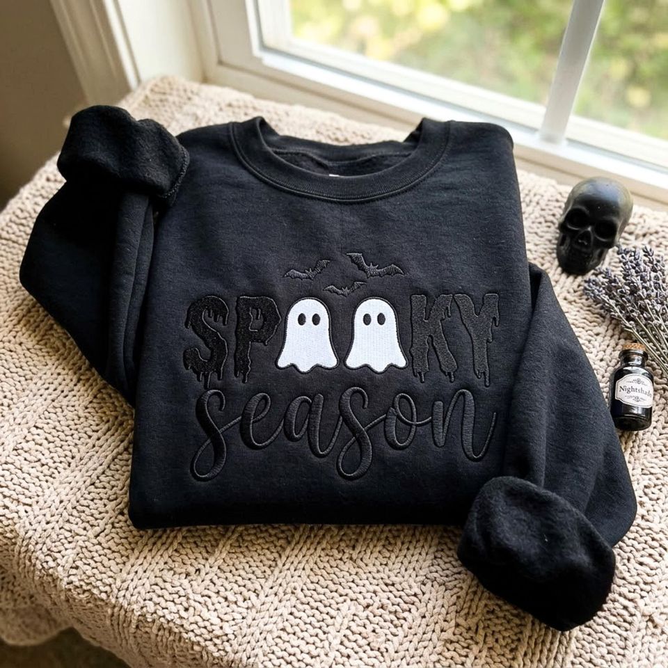 Embroidered Halloween Sweatshirt: Ghost Bat Spooky Season Fall Sweater