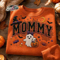Cute Ghost Cat Pumpkin Sweatshirt, Custom Name Halloween Pumpkin Embroidered, Dad Mama Family Halloween Sweatshirt