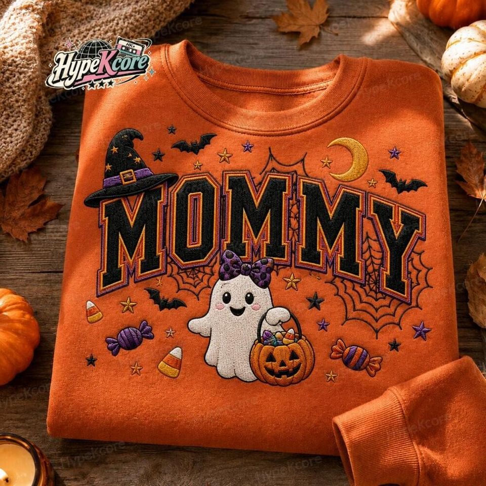 Cute Ghost Cat Pumpkin Sweatshirt, Custom Name Halloween Pumpkin Embroidered, Dad Mama Family Halloween Sweatshirt