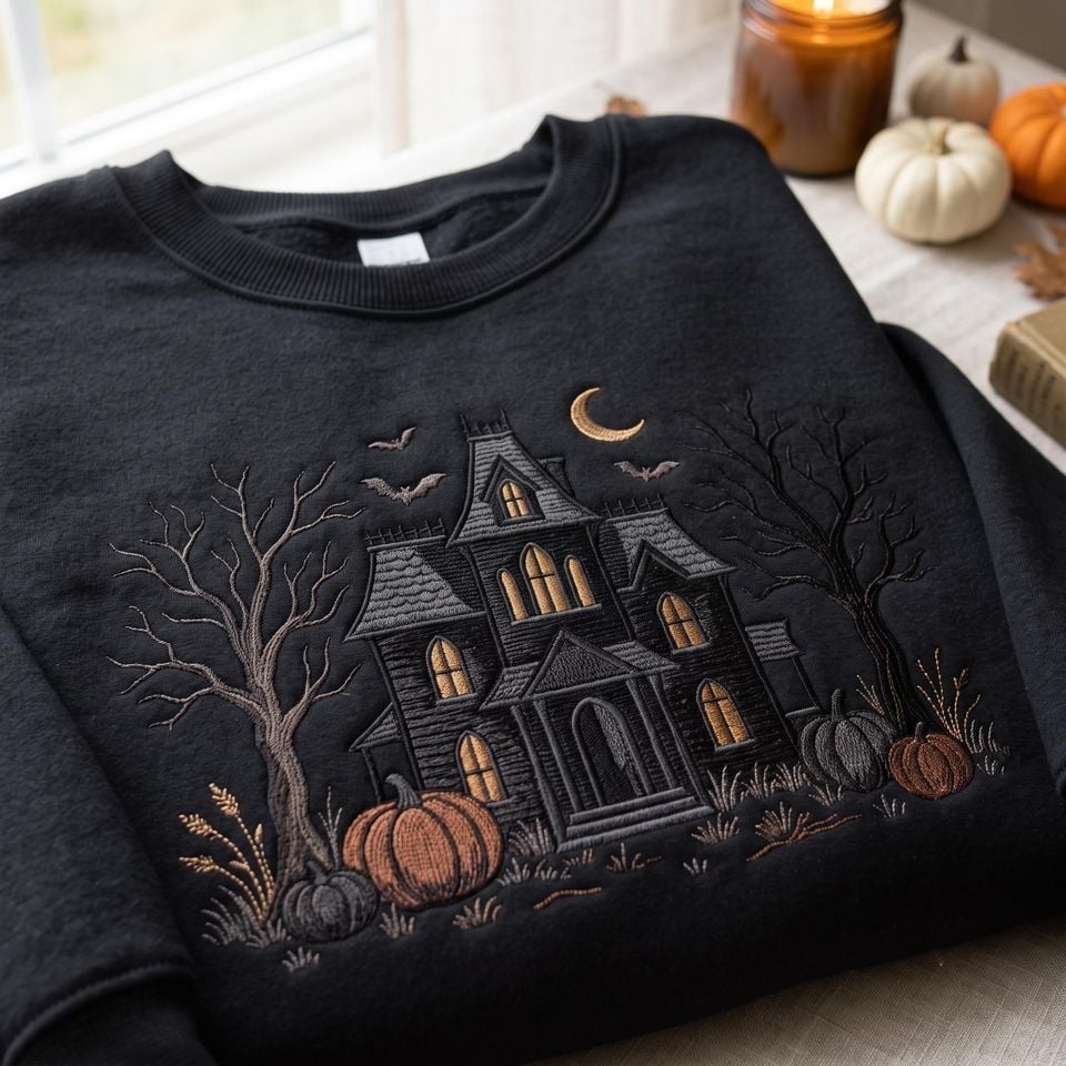 Haunted House Embroidered Halloween Sweatshirt, Monogram Haunted House Shirt, Spooky Season Gift