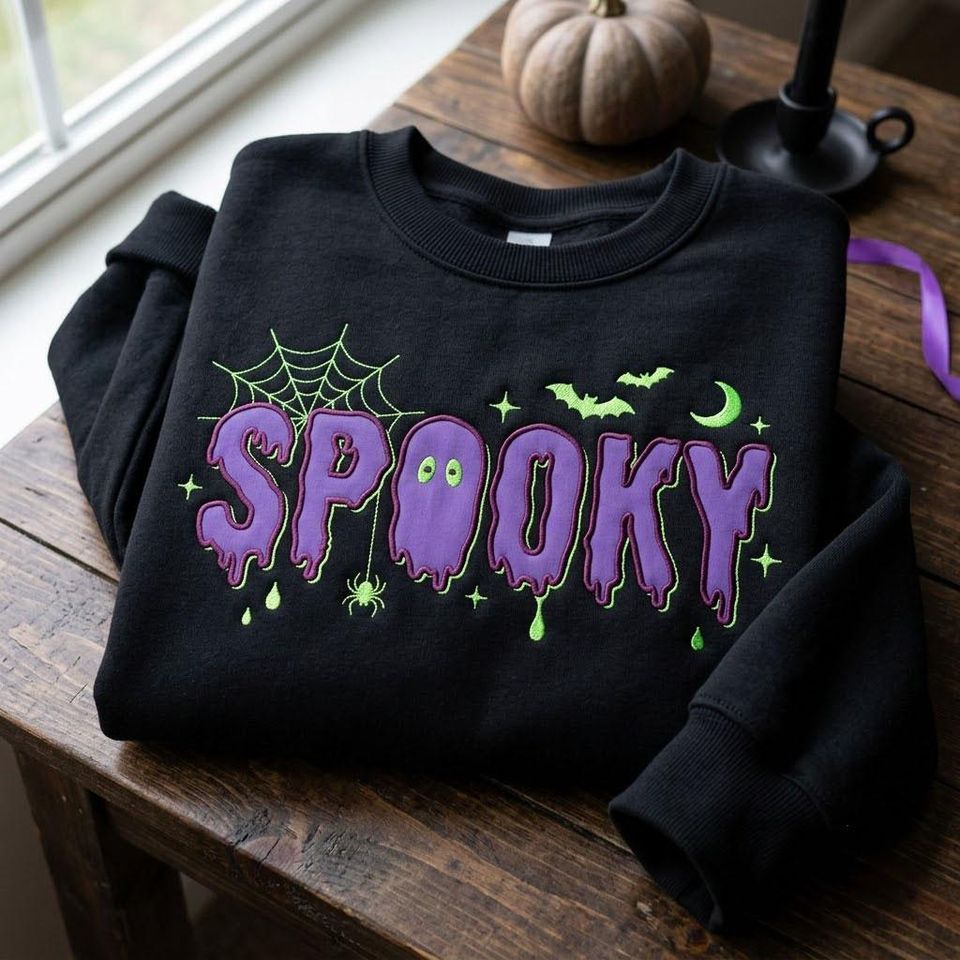 Embroidered Halloween Crewneck, Spooky Ghost Typography Sweatshirt, Cute Fall Embroidered Shirt