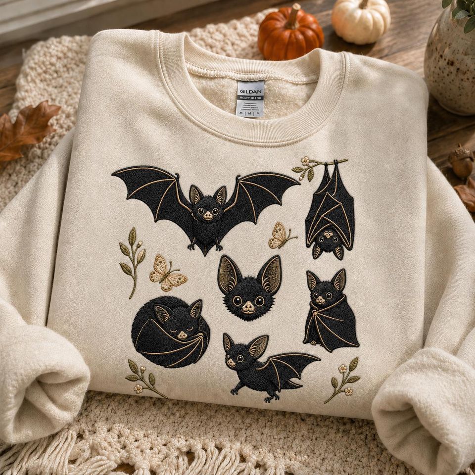 Embroidered Bat Sweatshirt, Vintage Halloween Crewneck, Spooky Season Crewneck