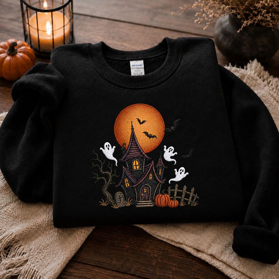 Embroidered Haunted House Sweatshirt, Spooky Halloween Autumn Tee, Spooky Season Crewneck