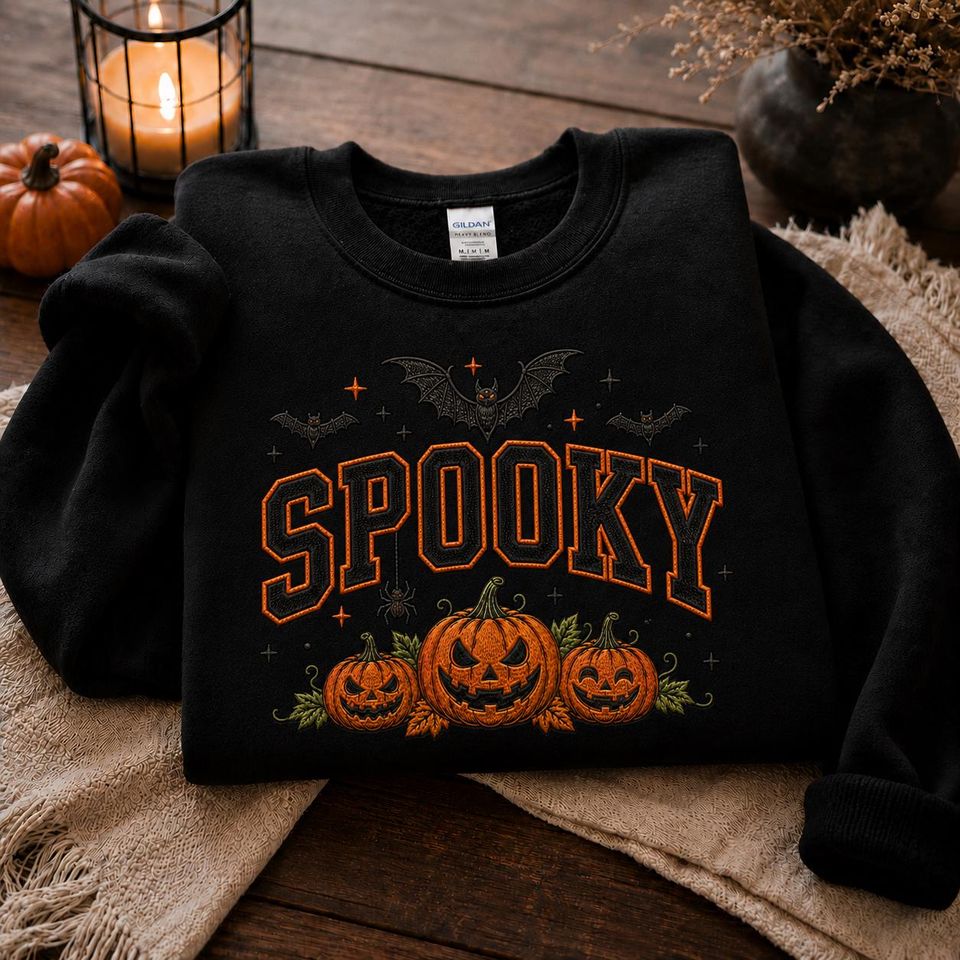 Embroidered Spooky Pumpkin Sweatshirt, Retro Pumpkin Halloween Crewneck