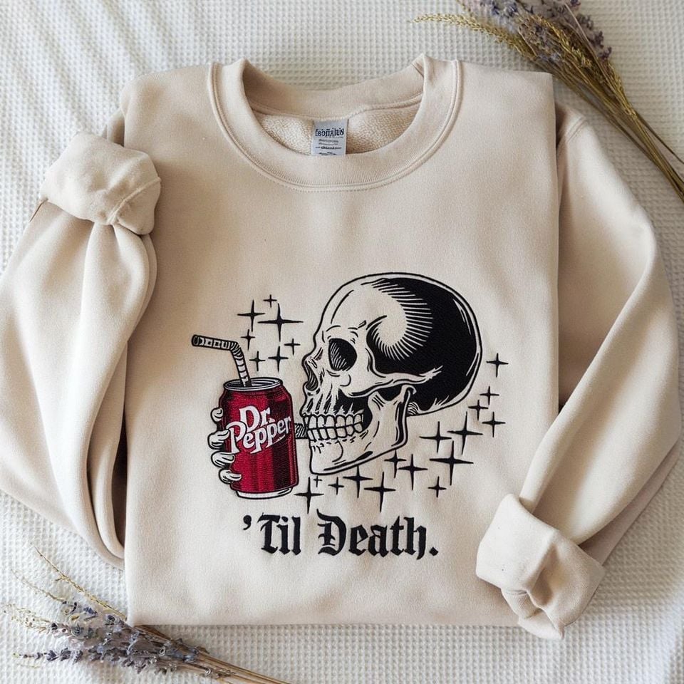 Embroidered Dr Pepper Skull Til Death Sweatshirt, Gothic Halloween Sweatshirt, Vintage Skull Halloween Sweatshirt