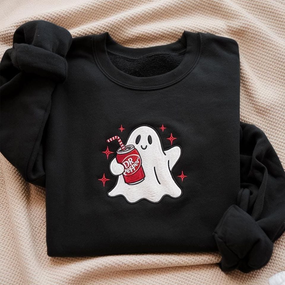 Embroidered Dr Pepper Ghost Halloween Sweatshirt