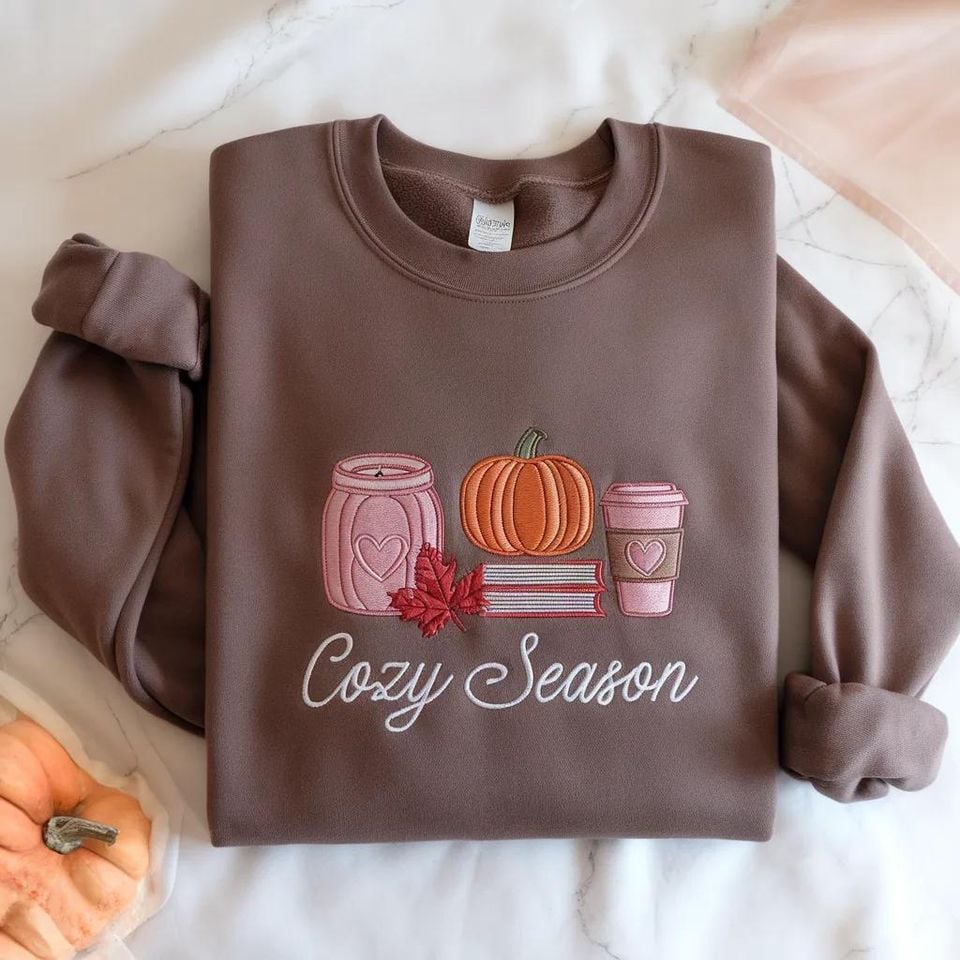 Embroidered Cozy Season Sweatshirt, Cute Autumn Crewneck, Bookish Fall Sweatshirt, Fall Apparel
