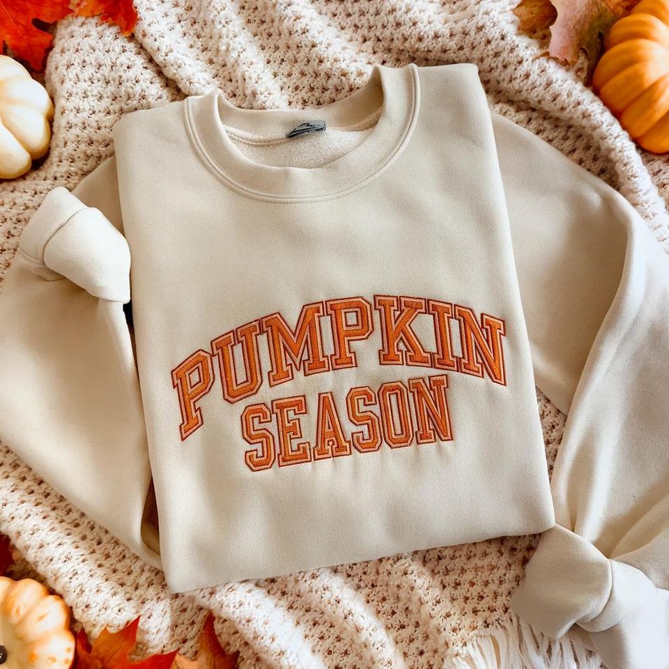 Embroidered Pumpkin Season Fall Sweatshirt, Autumn Graphic Sweatshirt
