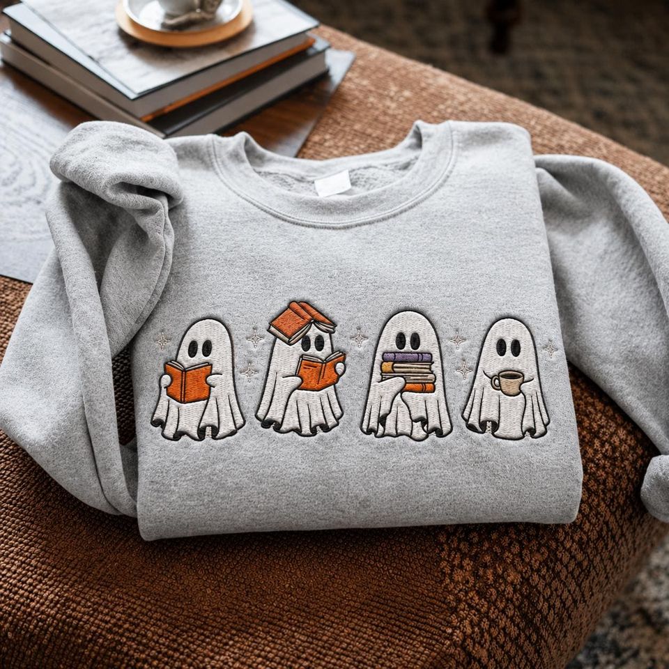 EMBROIDERED Book Ghost Sweatshirt, Cute Reading Ghost Crewneck, Book Lover Halloween Sweatshirt