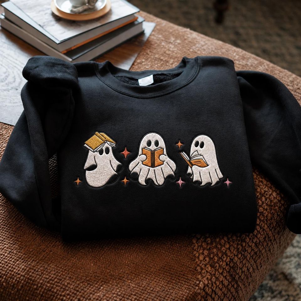 Embroidered Ghost Reading Sweatshirt, Cute Book Ghost Crewneck, Spooky Book Club Embroidered Sweatshirt