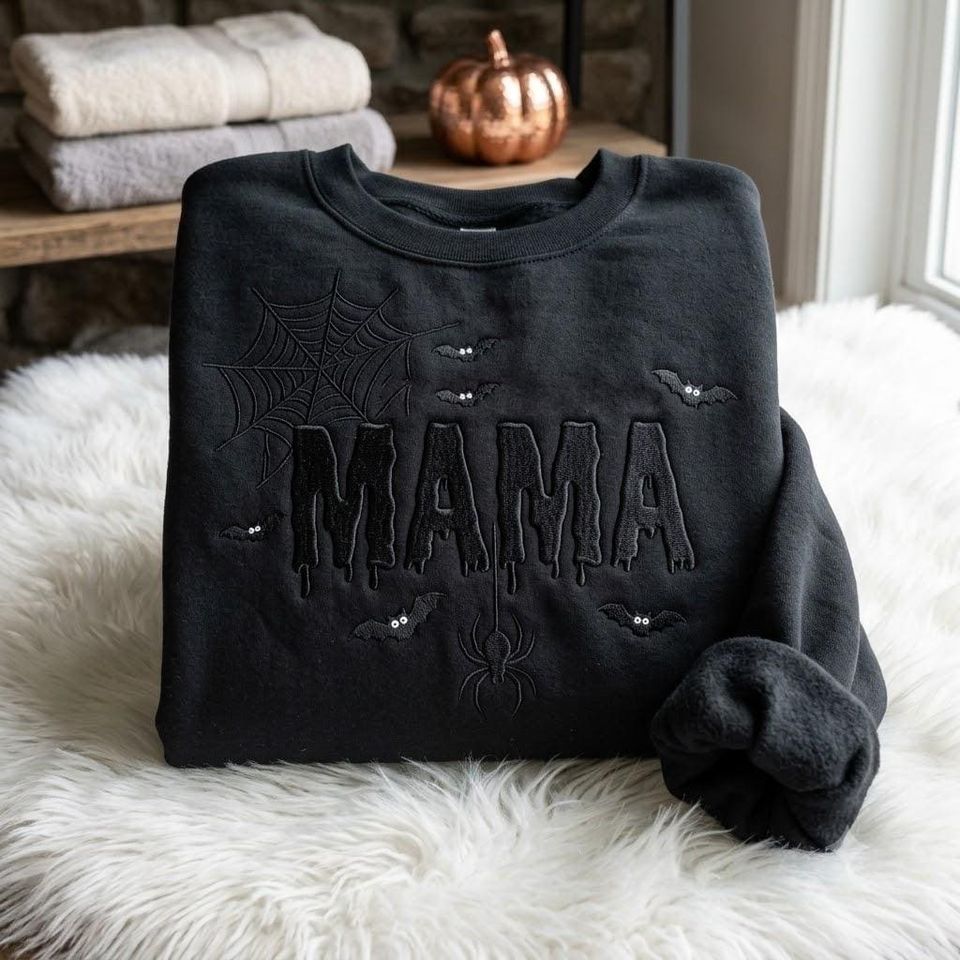 EMBROIDERED Mama Halloween Sweatshirt, Spiderweb and Bat Shirt, Family Halloween Matching Crewneck