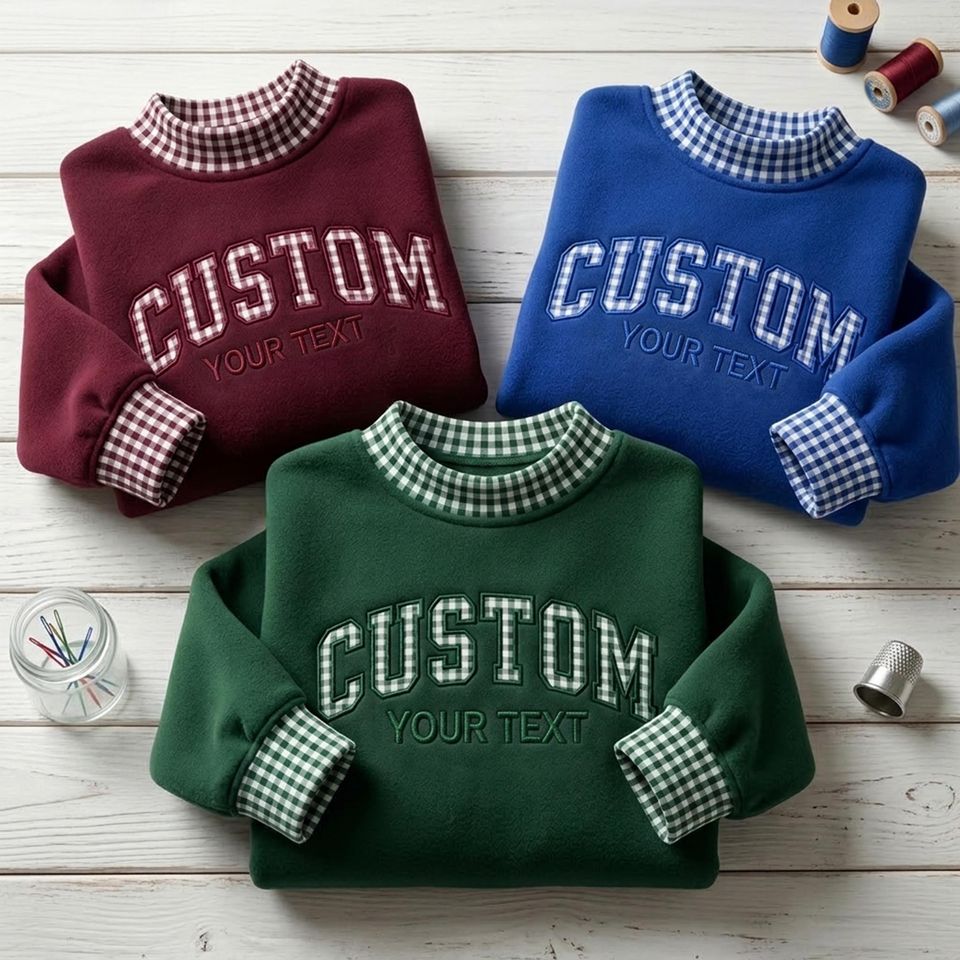 Personalized Gingham Mock Neck Sweatshirt, Custom Text Varsity Applique Shirt , Embroidered Preppy Pullover, Custom Letter Mock Neck