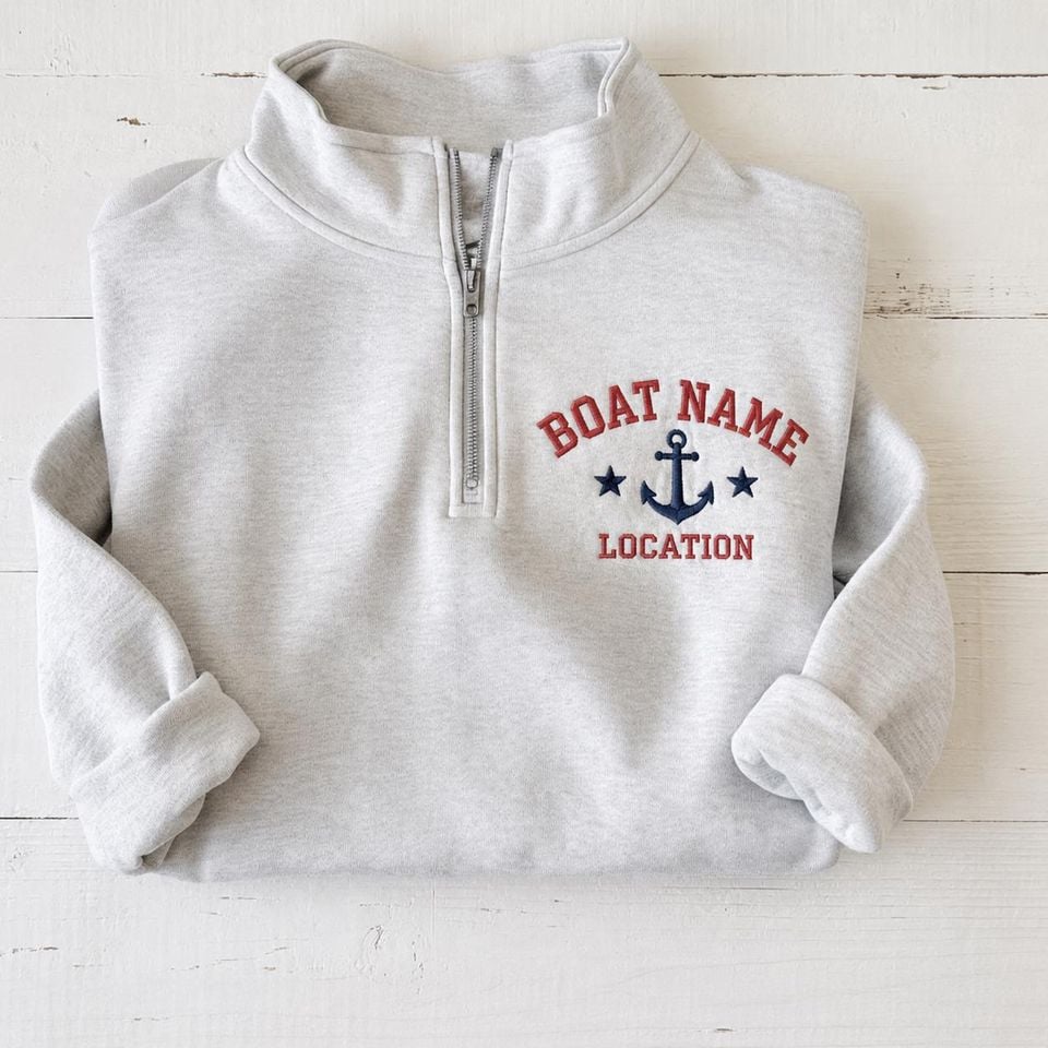 Personalized Boat Name Embroidered Quarter Zip Sweatshirt, Anchor Nautical Pullover, Boating Zip, Boat Owner Gift, Lake Boating Apparel