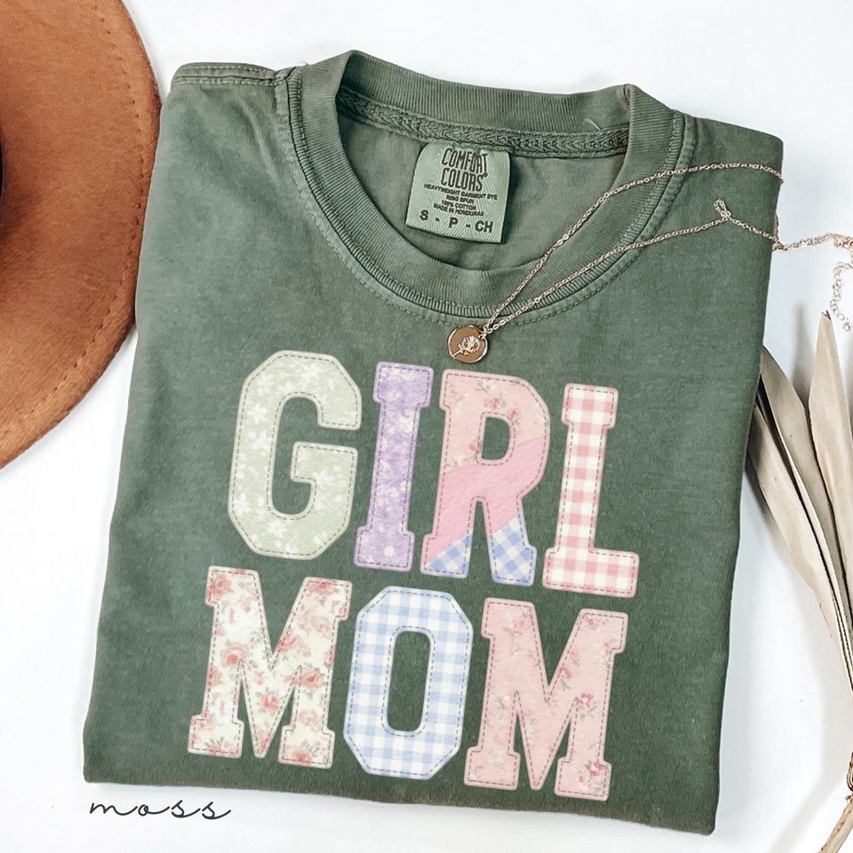 Girl Mom Shirt Faux Patchwork, Aesthetic Girl Mama Comfort Colors Tee, Wildflower Mother's Day Gift, Girl Mom Era Shirt, Mom of Girls Top