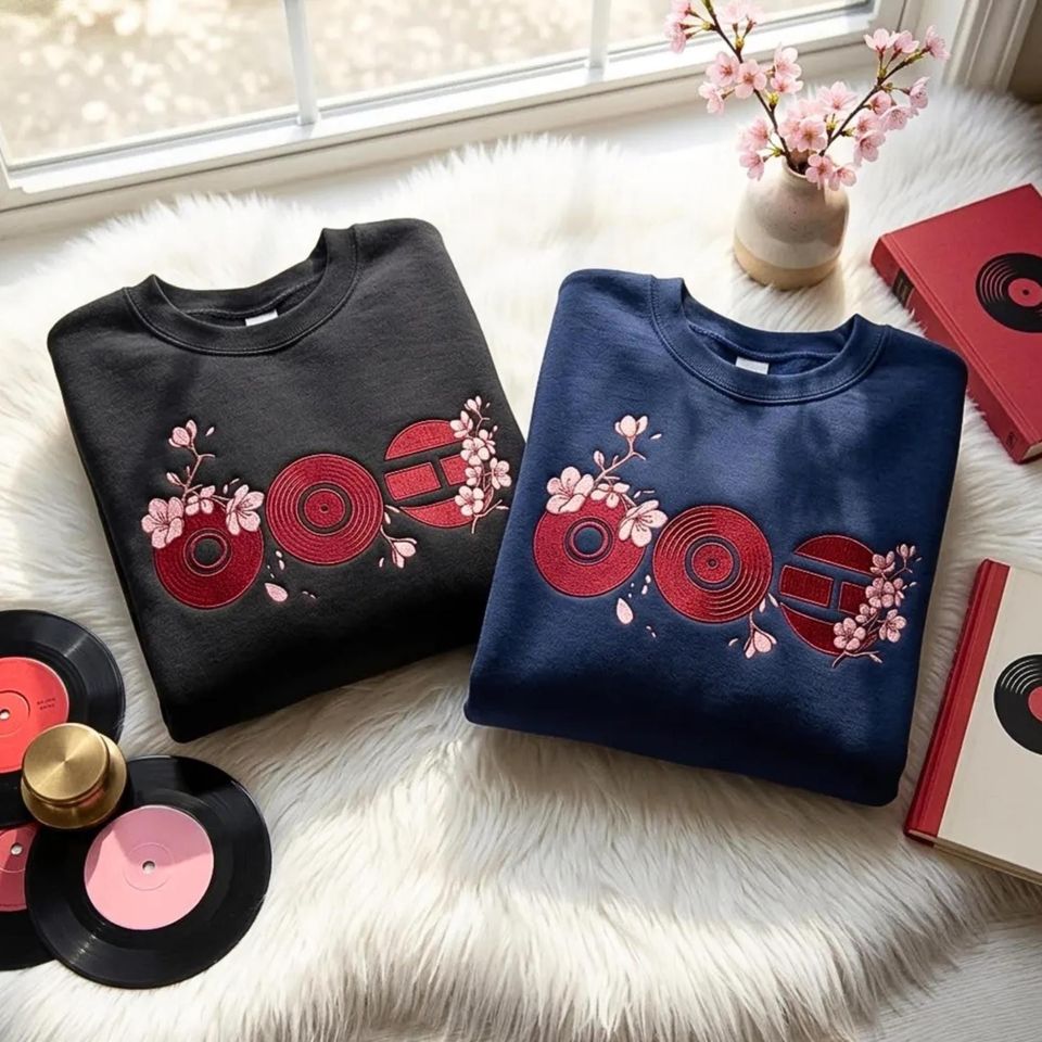 Embroidered Record Arirang Cherry Blossom Sweatshirt  Cotton Polyester Blend Cozy Top