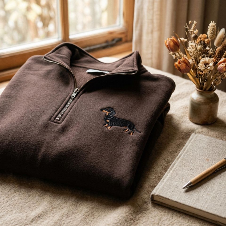 Embroidered Dachshund Mom Quarter Zip, Minimal Sausage Dog Sweater