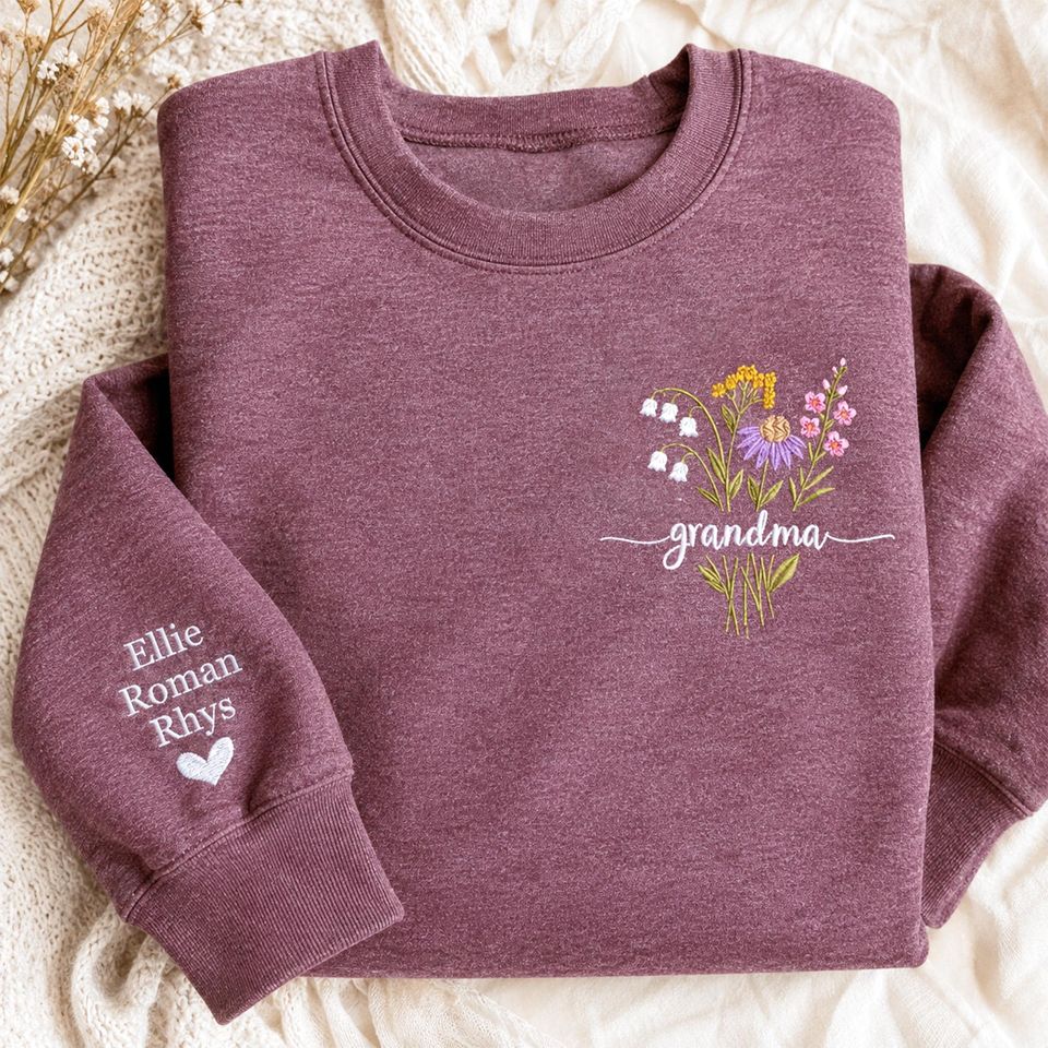 Custom Embroidered Floral Grandma Sweatshirt - Personalized Grandkids Name On Sleeve - Grandmother Gifts, Grandma Birthday Gift