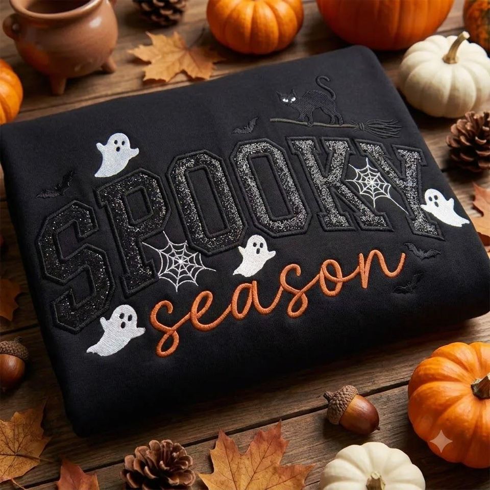 Spooky Season Embroidered Sweatshirt, Black Cat and Bat Applique Tee, Coquette Halloween Crewneck, Cozy Season Gift, Halloween Gift