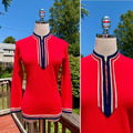 Distressed Vintage 60s/70s Mod Bright Red & Blue Quarter Zip V-neck Pullover Sweater Shirt