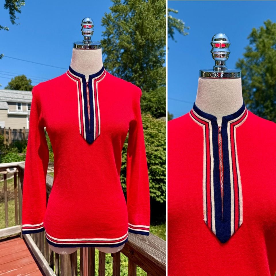 Distressed Vintage 60s/70s Mod Bright Red & Blue Quarter Zip V-neck Pullover Sweater Shirt
