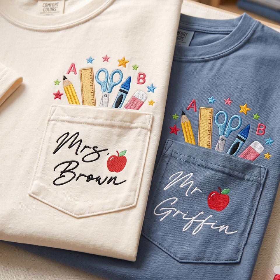Comfort Colors Custom Teacher Name Embroidered Pocket Shirt, School Supplies Tee, Custom Teacher Shirt, Teacher Appreciation, Teacher Gift