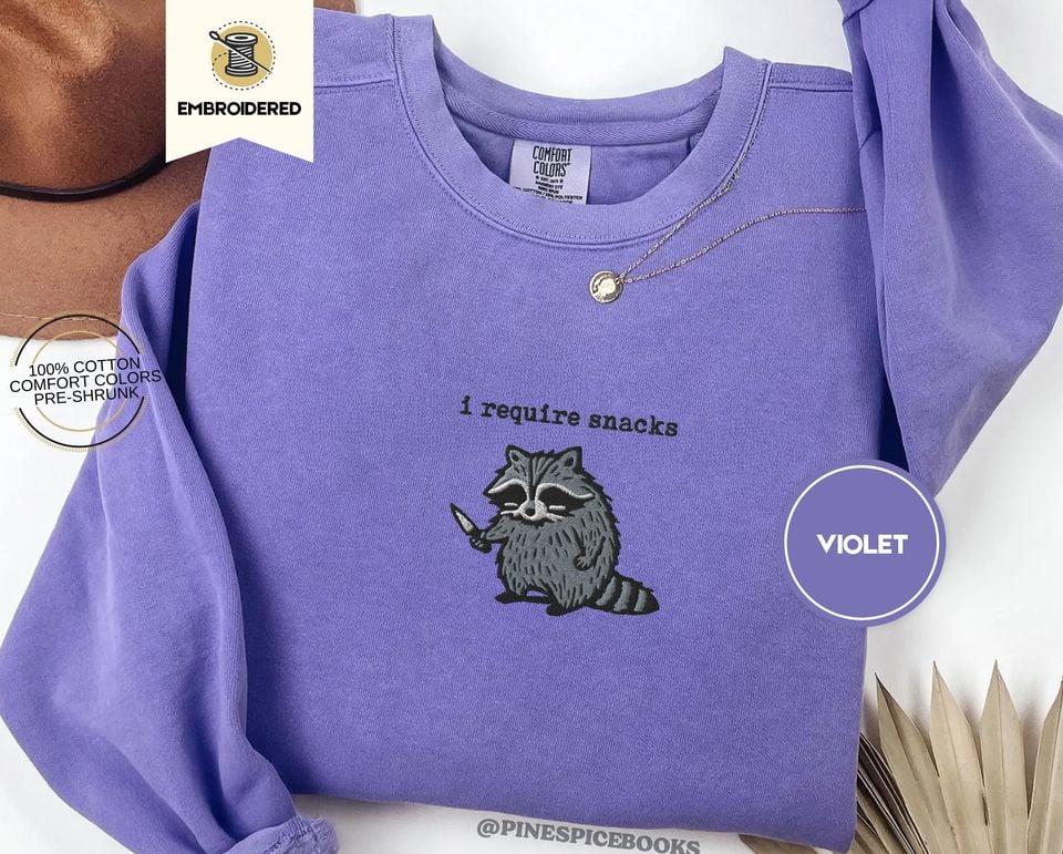 I require snacks sweatshirt, embroidered raccoon sweater, comfort colors 1566, funny cozy sweatshirt, snack lover gift, feral unhinged
