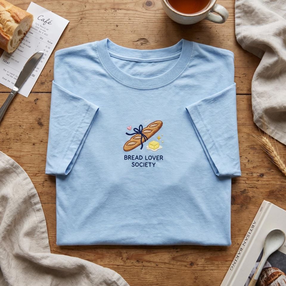 Baguette Embroidered T Shirt, Bread Lover Society Shirt, Cute French Bread Tee, Gift for Baker, Aesthetic Foodie Shirt, Cute Butter Tee