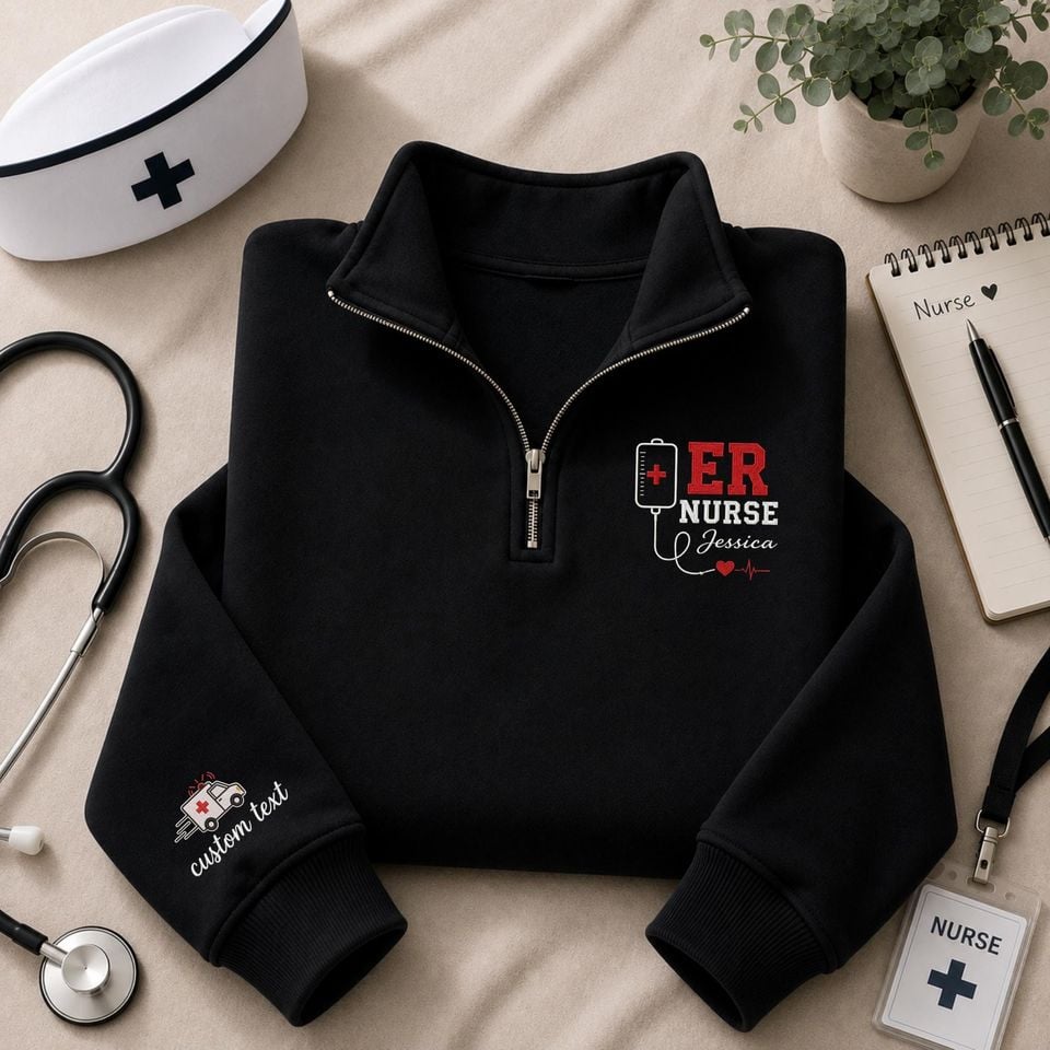 ER Nurse Embroidered Quarter Zip Sweatshirt, Personalized Registered Nurse Gift, Emergency Room Nurse Pullover, Healthcare Worker Gift