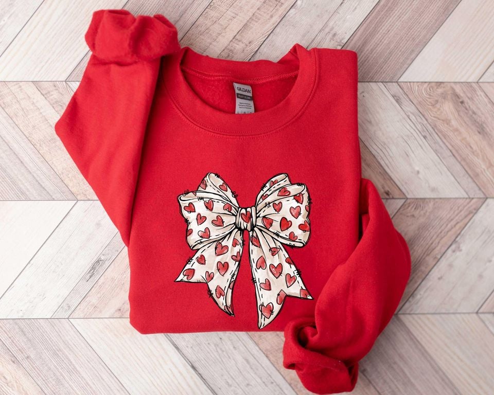 Coquette Valentine's Day Heart Bow Sweatshirt, Retro Valentine Shirt, Valentines day Bow Shirt, Coquette Bow T Shirt, Bow Valentine Gifts