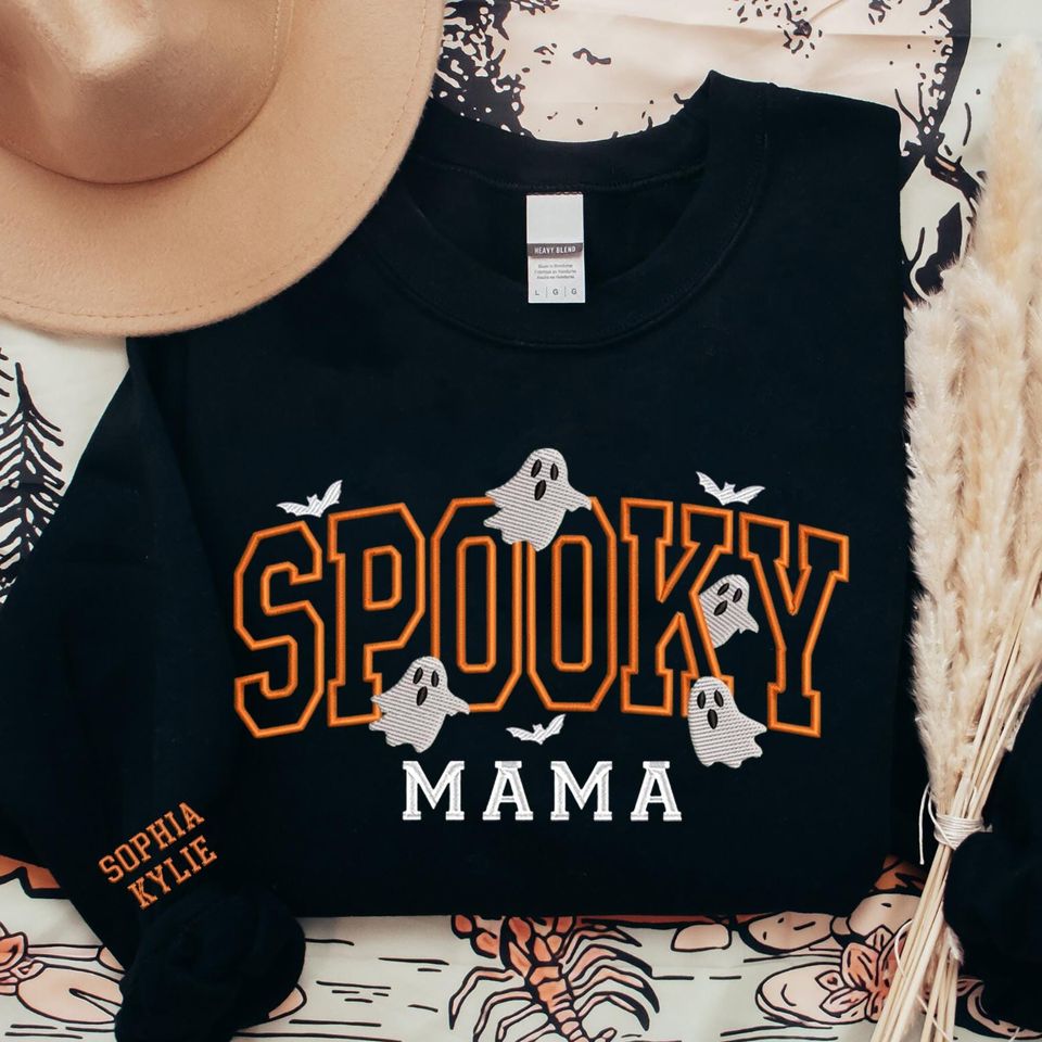 Custom Spooky Mama Embroidered Sweatshirt, Personalized Mama Embroidered Crewneck, Name on Sleeve, Halloween Mama Sweater, Halloween Gifts