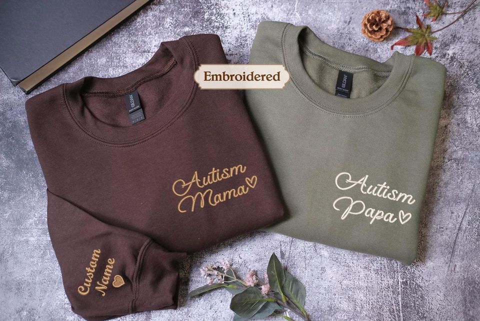 Personalised Autism Mama Embroidered Sweatshirt, Autism Mom Hoodie Autism Mum Awareness Shirt Custom Kids Names on Sleeve Autism Parent Gift