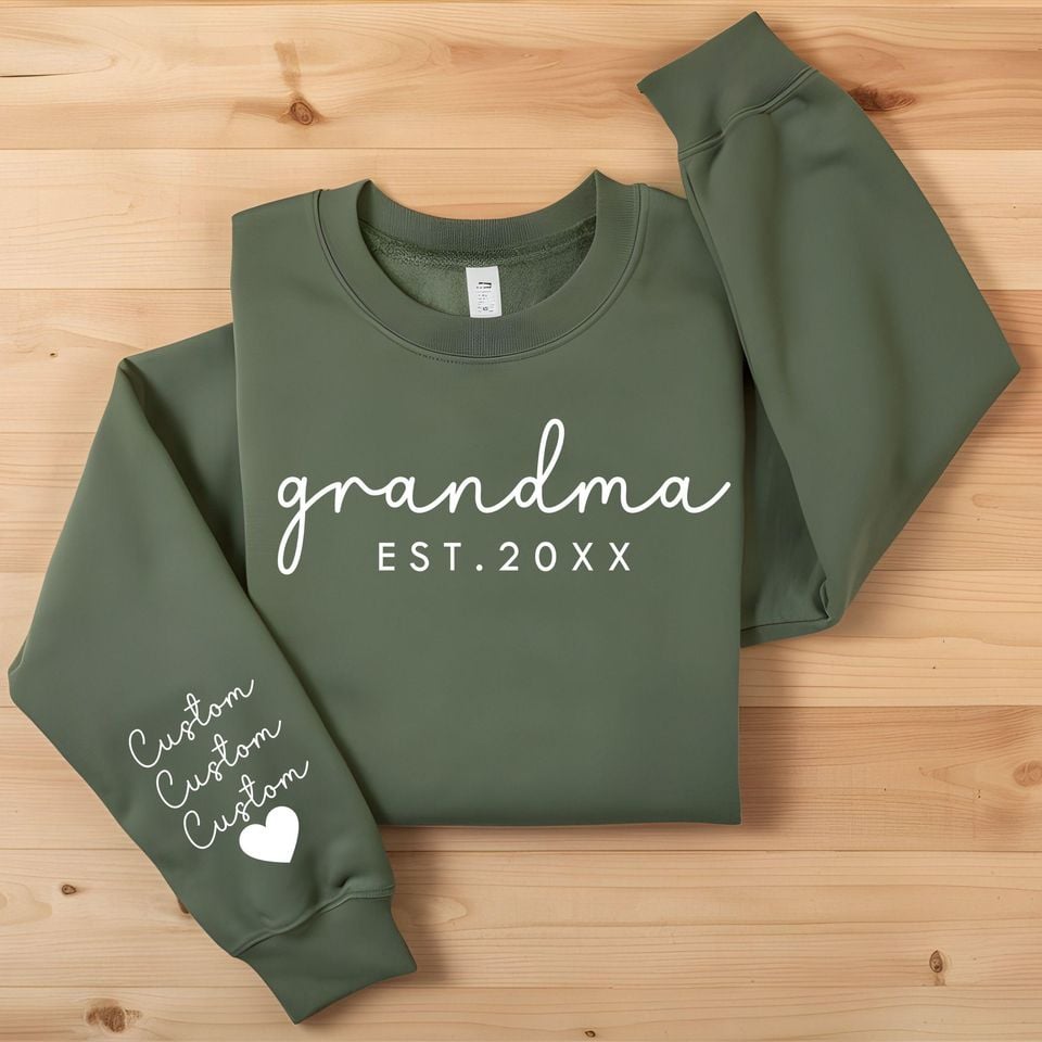 Personalized Grandma Sweatshirt: Est Year, Grandkids Names Sleeve