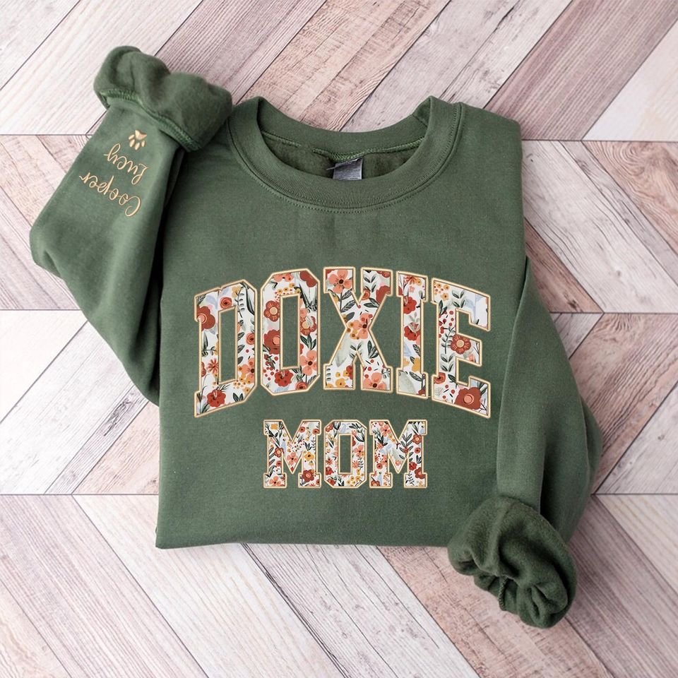 Embroidered Dachshund Mom Sweatshirt, Dachshund Personalized Hoodie With Name On Sleeve, Doxie Mom Gifts for Her, Dog Lover Dachshund Shirt